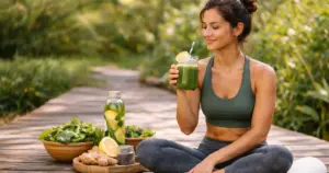 Woman enjoying a green detox smoothie outdoors with fresh vegetables and infused water, representing a healthy cleanse and wellness lifestyle.