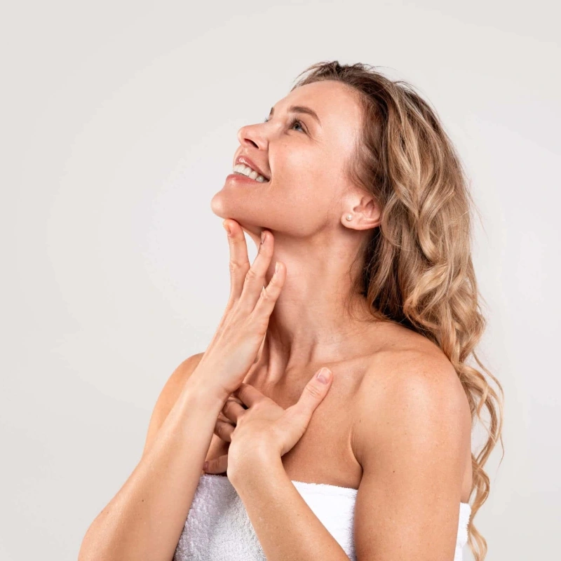 Woman displaying contoured jawline after submental chin fat removal treatment in Yuma, AZ | Amara Rejuve Medical Spa & Laser