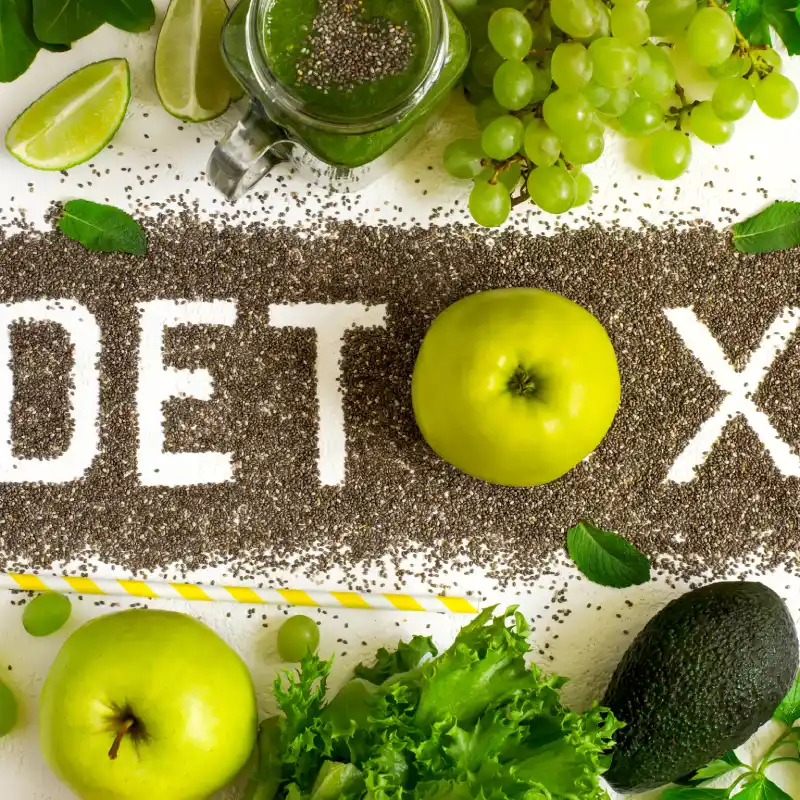Fresh green vegetables and citrus arranged for a detox and cleanse program in Yuma, AZ | Amara Rejuve Medical Spa & Laser